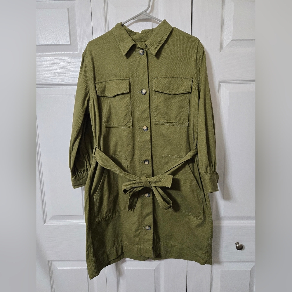 Olive Green Long-Sleeve Button-Front Belted Denim Shirt Dress, Large, Like New